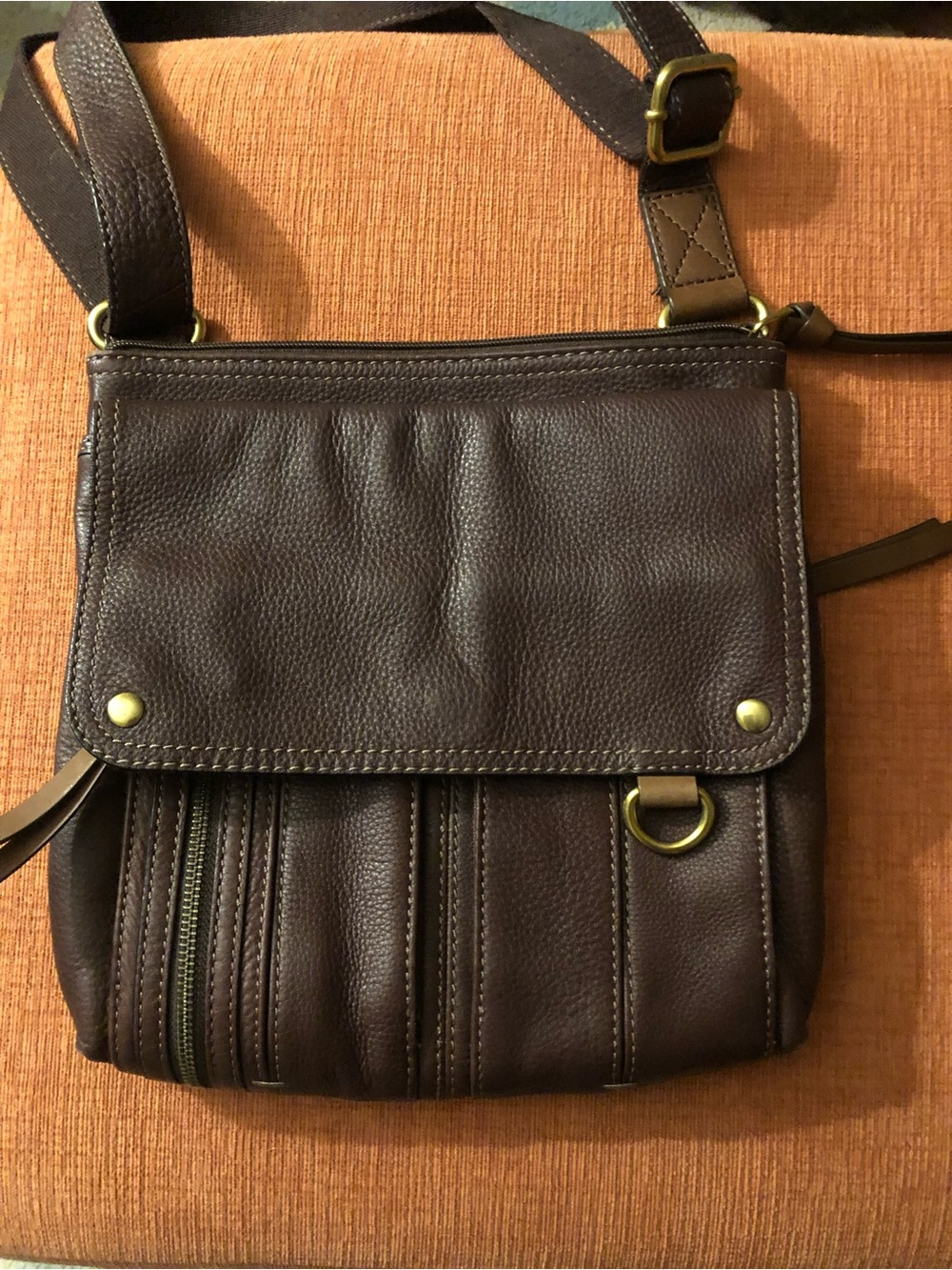 Fossil Chocolate Brown Leather Crossbody with Brass Accents